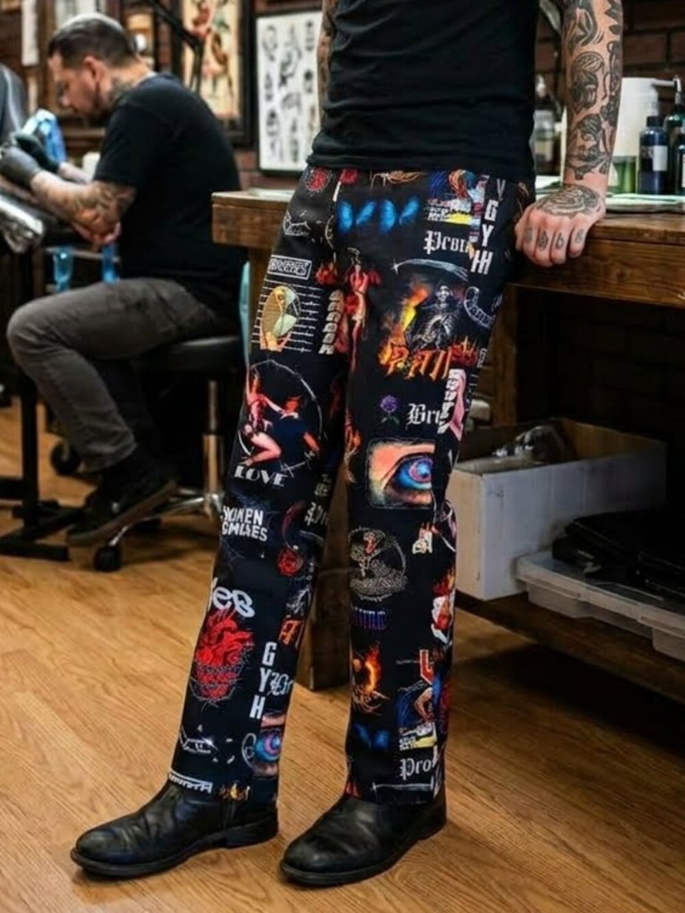 NEW NWOT! BROKEN PROMISES TATTOO PRINT GRAPHIC ED HARDY STYLE TROUSER PANTS sz M